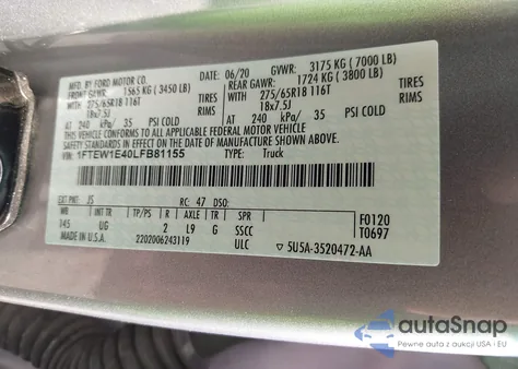 2020 Ford F150 Xlt z USA, uszkodzony, nr VIN 1FTEW1E40LFB81155